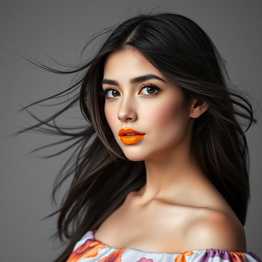Photographic image of a beautiful young Kazakh woman, brown eyes, lips with Yellow lipstick, long hair fluttering in the wind and wearing a silk strapless dress with a soft purple and orange print. monochrome image with only color highlights in the iris of the eyes, lipstick and dress. Gray background.
