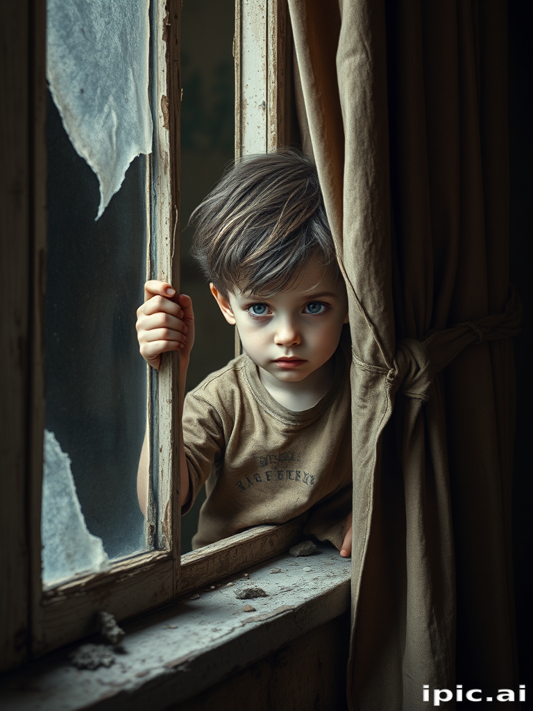 small dishevelled boy, in dirty torn dugaree, peeking fearfully out of the window, holding back the old torn curtains.. He is in a bare rundown room. He has a pale complexion, he is lonely and sad. The piece has a brooding sense of sinister, poverty and dirt, is in a palate of browns, greys, dirty cream. digital artwork