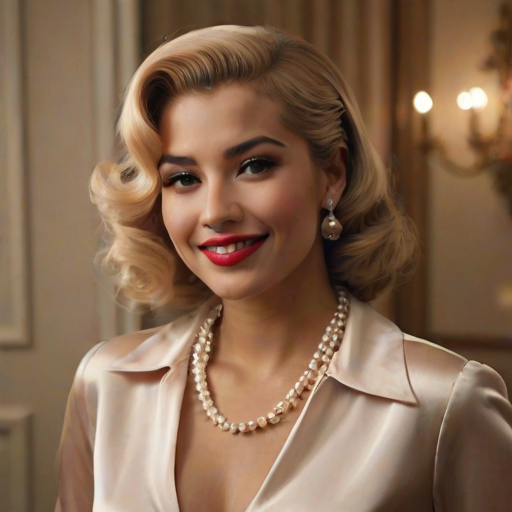 A beautiful Hispanic woman reminiscent of 1950s Hollywood glamour, with perfectly styled blonde hair and a seductive smile, dressed in a satin blouse and adorned with pearls, soft and warm tones, photorealistic, 8K