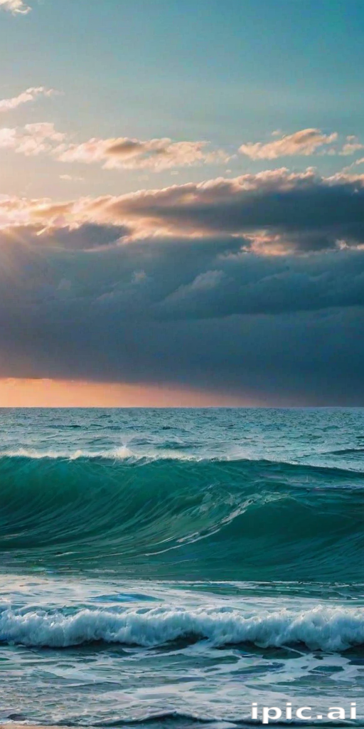 Tranquil Ocean Waves Under a Dramatic Sky at Sunset Hour