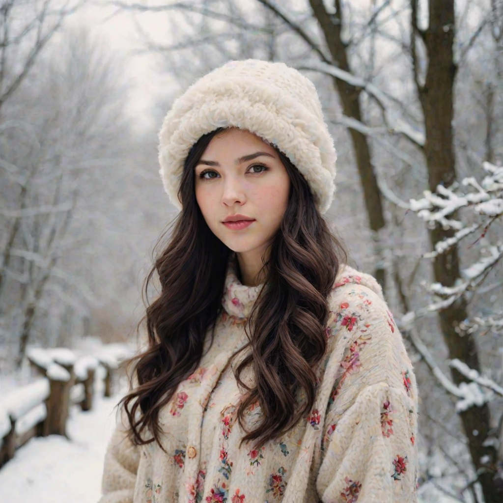 Her head is topped with a light-colored, fluffy winter hat that adds an element of coziness and contrasts with her floral outfit. The hat, along with her soft, wavy dark hair, which has hints of lighter tones towards the ends, enhances the whimsical, dreamy quality of the scene."
