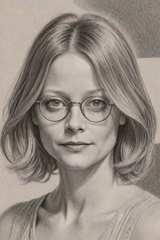 Gorgeous Jodie Foster, pencil sketch, portrait of Radiant woman 1926s in glasses, hair style beatnik, outline, clear lines, fine lines, 8k
