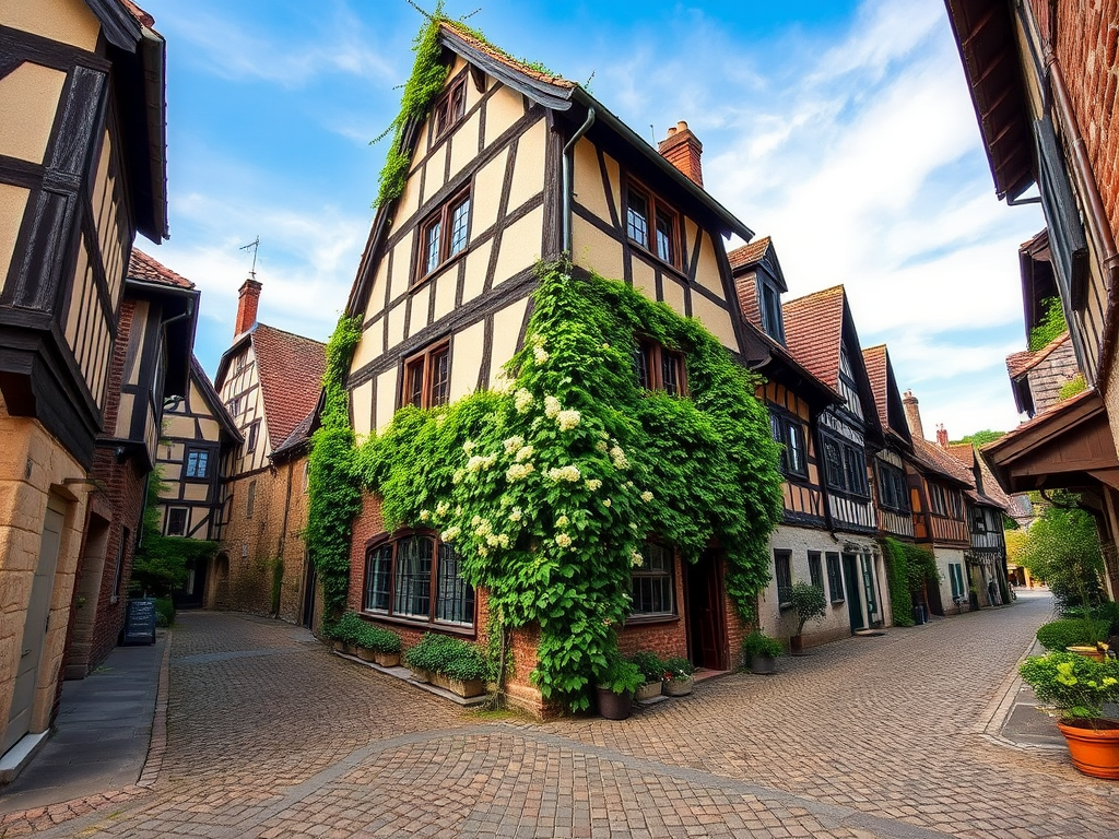Generate a picturesque medieval village scene with cobblestone streets, timber-framed houses adorned with greenery, and a clear blue sky, captured with a DSLR camera, a 35mm lens, f/8 aperture, ISO 100, and a soft focus effect for depth enhancement.