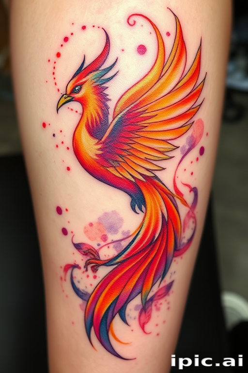 Vibrant watercolor phoenix tattoo featuring swirling hues of orange, red, and purple, rising from ashes with intricate feather details and golden accents, symbolizing rebirth and transformation in a painterly style
