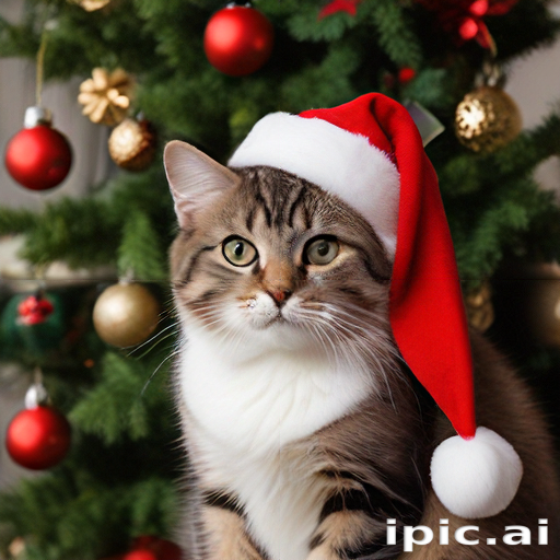 Festive Cat in Santa Hat Sitting Beneath a Beautiful Christmas Tree