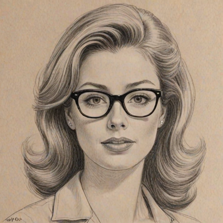 Lovely Diane Neal, pencil sketch, portrait of Charming woman 1952s in glasses, hair style beatnik, outline, clear lines, fine lines, 8k