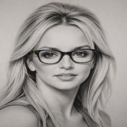 Exquisite Britney Spears, pencil sketch, portrait of Charming woman 1967s in glasses, hair style beatnik, outline, clear lines, fine lines, 8k