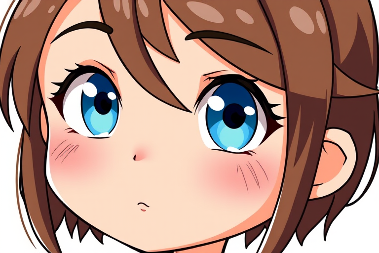 Create a high-resolution digital illustration of a cartoon character with blue eyes, brown hair, and a neutral expression, using a DSLR camera with a 50mm lens, f/1.8 aperture, and ISO 100, in a bright and colorful style.