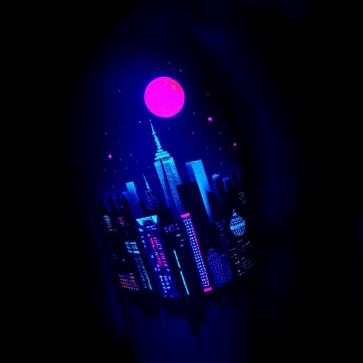 Luminous UV tattoo named "Neon Nightscape" portraying a cityscape silhouette that glows under blacklight revealing hidden details and vibrant colors invisible in normal lighting