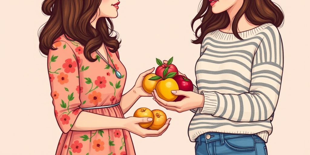 Generate an illustration of two women exchanging fruits, woman on the left in a vintage floral dress with brown hair, woman on the right in a striped sweater and blue jeans, bright pastel background, camera settings: ISO 100, f/8, shutter speed 1/250, camera view: close-up, camera style: portrait, camera type: digital illustration.