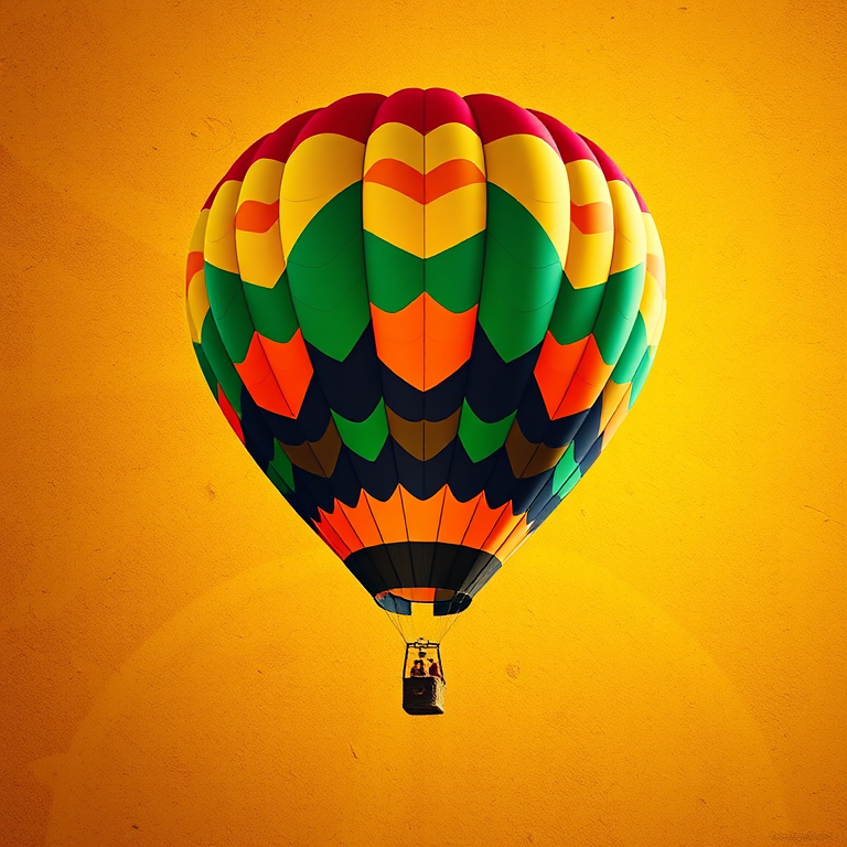 Create an image of a vibrant hot air balloon with a geometric pattern against a textured golden background, captured with a DSLR camera at f/2.8 aperture, 1/250 shutter speed, ISO 100, in a wide-angle view, using a high dynamic range style.