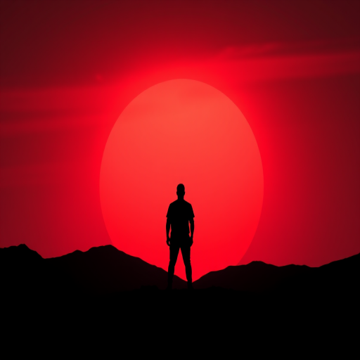 Create a minimalist silhouette of a figure standing against a large red sun, with black mountains in the foreground and a dramatic sky, using a full-frame DSLR camera with a 50mm lens, aperture set to f/1.8, ISO 100, and a low-angle perspective for enhanced depth and detail.