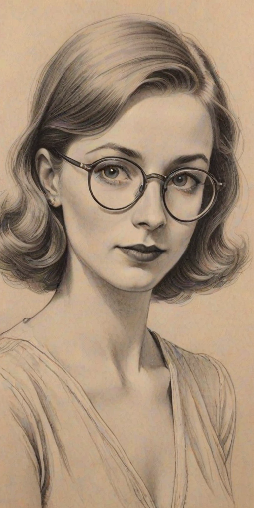 Charming Molly Bernard, pencil sketch, portrait of Splendid woman 1930s in glasses, hair style beatnik, outline, clear lines, fine lines, 8k