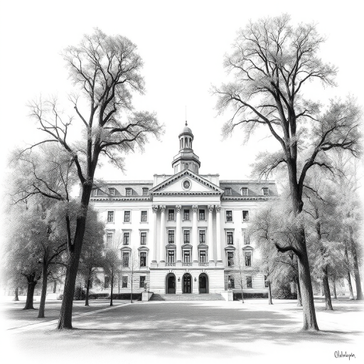 Create a high-resolution sketch of a large, classic building surrounded by trees, using a Canon EOS 5D Mark IV with a 50mm f/1.8 lens, aperture at f/8, ISO 100, natural daylight, capturing a frontal view with a slight depth of field.