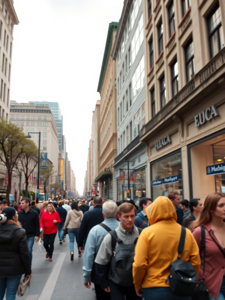 City street filled with pedestrians, overcast sky, sharp focus, narrow depth of field, 50mm lens, f/2.8 aperture, ISO 200, shot from eye level with a Canon EOS R.