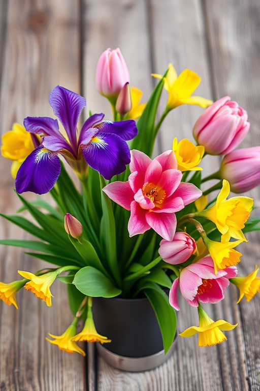 Create a high-resolution image of a vibrant spring flower arrangement featuring purple irises, pink tulips, and yellow daffodils on a rustic wooden background, shot with a Canon EOS R5 at f/2.8, ISO 100, and a 50mm lens, using a soft focus style to enhance the colors and details.