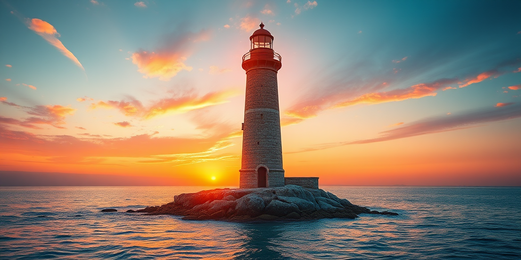 Generate an image of a tall lighthouse perched on a rocky outcrop surrounded by calm ocean waters during a breathtaking sunset. The lighthouse stands sturdy and weathered, its stone surface illuminated by the warm golden light of the setting sun. The sun's rays pass directly through the glass lantern room at the top of the lighthouse, casting a brilliant light across the scene. The sky is painted with vibrant shades of orange, pink, and purple, reflecting off the tranquil sea. The surrounding water shimmers with the same warm hues, creating a serene and majestic atmosphere.