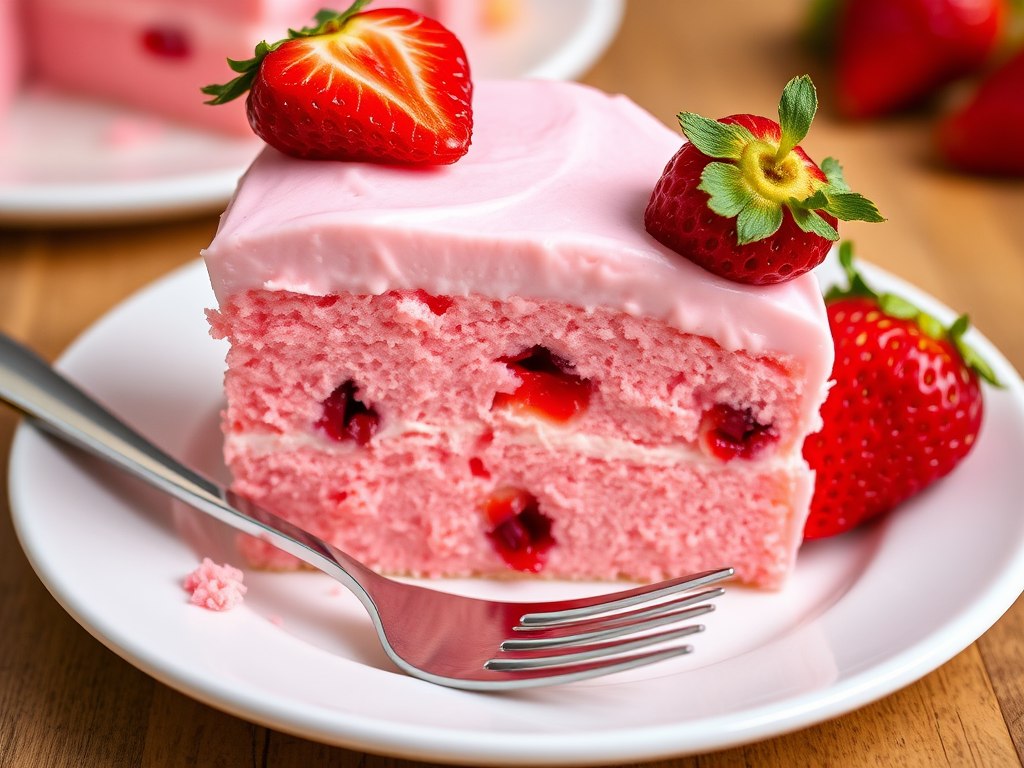 A slice of pink strawberry cake with a smooth frosting and fresh strawberries on a white plate with a fork beside it, showcasing the moist texture and fruity bits inside the cake.