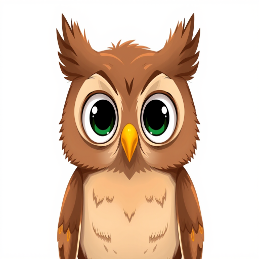 Create a cartoon-style illustration of a brown owl with large, expressive eyes and a yellow beak, centered in the frame using a high-resolution digital camera with a wide aperture of f/2.8, ISO 100, shutter speed of 1/250, 50mm lens, and soft diffused lighting to enhance colors and details.
