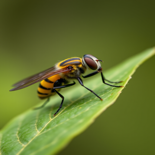 macro shot of a yellow and black hoverfly on a green leaf with blurred background, aperture f/2.8, shutter speed 1/200s, ISO 100, 100mm macro lens, natural light