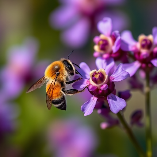 macro shot of a bee collecting nectar from vibrant purple flowers in soft focus background, aperture f/2.8, shutter speed 1/500s, ISO 200, 100mm lens, natural light, DSLR camera