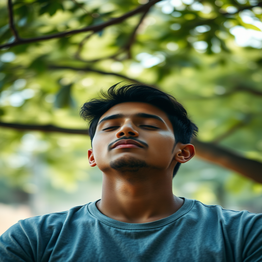 Portrait of a young man meditating under a tree, soft natural lighting, shallow depth of field, 85mm lens, f/1.8 aperture, ISO 100, 1/200 sec shutter speed, captured with a full-frame DSLR.