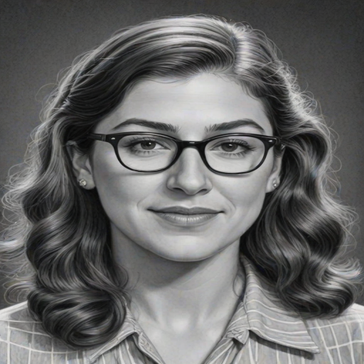 Beauteous Mayim Bialik, pencil sketch, portrait of Fascinating woman 1940s in glasses, hair style beatnik, outline, clear lines, fine lines, 8k