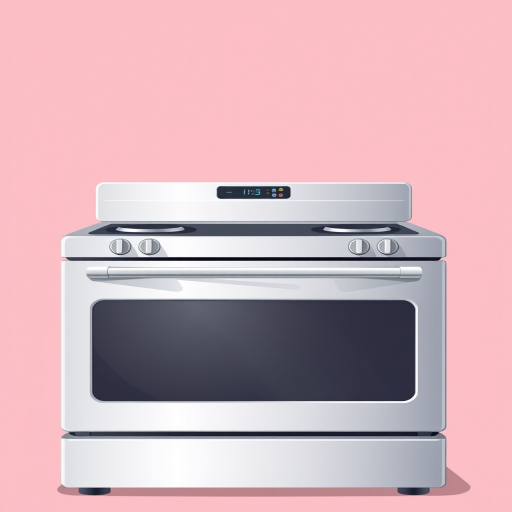 Create a high-resolution illustration of a modern stainless steel stove with two burners and an oven, set against a pastel pink background, using a DSLR camera with a 50mm lens, aperture f/2.8, ISO 100, and a slight tilt for a dynamic perspective.
