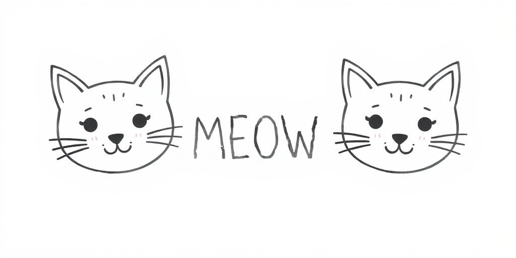 Draw two cute cat faces with simple features on either side of the word MEOW written in a playful font. The cats should have pointy ears, whiskers, and blushing cheeks, while the background should be plain and light-colored.