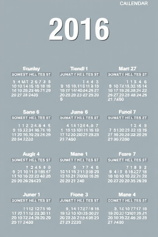 Generate a high-resolution image of a 2016 calendar layout with clear and bold month names at the top, days of the week labeled, and each month's dates arranged in a neat grid format, camera type: DSLR, camera style: portrait, aperture: f/4, shutter speed: 1/60s, ISO: 100, view: straight-on perspective.