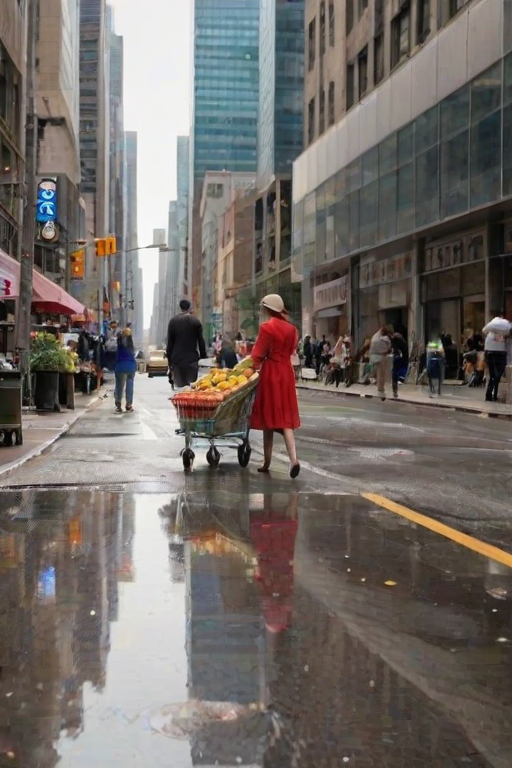 Sharp photo of a bustling city street at noon, a street vendor pushing a cart full of colorful fruits, a woman in a bright red dress walking past, skyscrapers towering above, taxis zooming by, reflections in the glass windows of nearby buildings, pedestrians rushing by with coffee cups in hand, sunlight glinting off a puddle on the sidewalk.