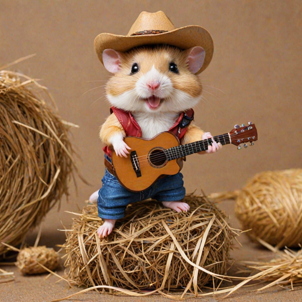 A chibi hamster, dressed as a cowboy, playing guitar, sitting on a hay bale