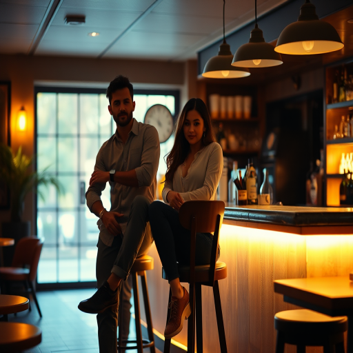 regenerate an image of a cozy indoor setting with soft lighting, capture a couple in a relaxed pose, one sitting on a bar counter and the other on a chair, use a DSLR camera with an aperture of f/2.8, ISO 400, shutter speed 1/60 sec, shot from a 35mm lens at eye level for a natural perspective, ensure warm tones and enhanced shadow details for a moody atmosphere