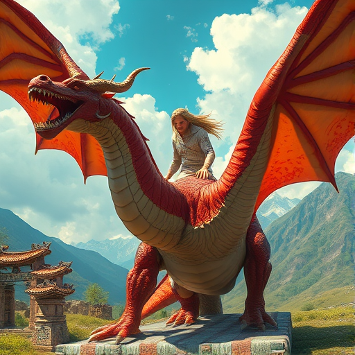 Create a highly detailed fantasy illustration of a humanoid rider on a large dragon-like creature in a vibrant, dynamic pose, captured with a Canon EOS 5D Mark IV, 50mm lens, f/1.8 aperture, ISO 100, 1/200s shutter speed, using a low-angle view to emphasize grandeur and scale in a scenic environment.