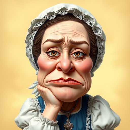 The image is a caricature of a woman with exaggerated features. She is wearing a white bonnet with lace trim and a white blouse with a blue bodice. She is leaning her chin on her hand with a bored or tired expression. Her lips are full and pouty, her cheeks are round and puffy, and her eyes are wide and slightly crossed. Her nose is long and thin, and her brows are furrowed. She is wearing a necklace with a large, ornate pendant. The background is a soft, blurry yellow. The overall effect is humorous and slightly grotesque.