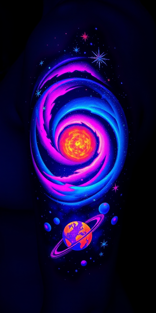 Cosmic galaxy tattoo featuring swirling nebulas, twinkling stars, and vibrant planetary bodies, utilizing UV-reactive ink for a mesmerizing glow-in-the-dark effect under blacklight