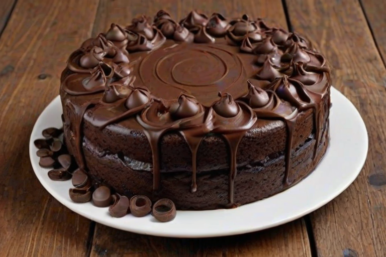 Create an image of a rich chocolate cake with smooth chocolate frosting. The cake should have decorative swirls on top and chocolate ganache dripping down the sides. Place the cake on a rustic wooden table with chocolate chips scattered around and a small bowl of chocolate chips nearby.