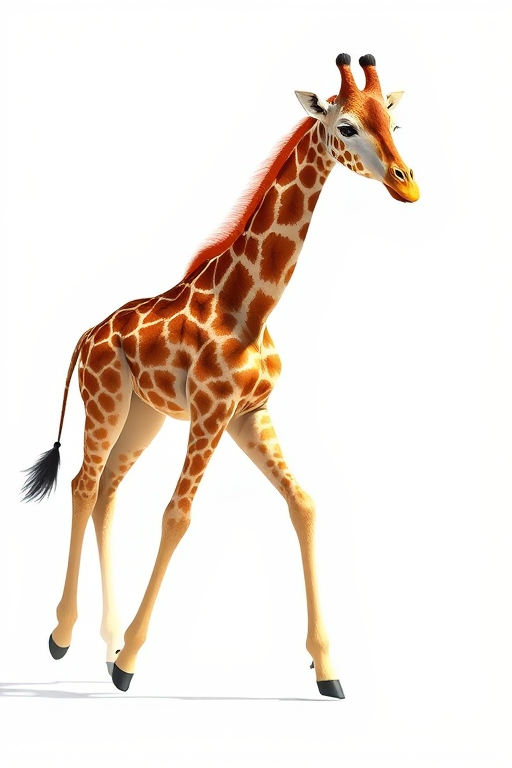 Create a digitally-rendered illustration of a giraffe walking, use a high-resolution setting of 300 DPI, a full body view with vibrant colors, soft lighting, and a transparent background, captured in a virtual environment using a 35mm lens simulation.