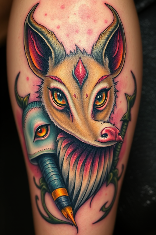 Neo-traditional color realism tattoo named "Enchanted Menagerie" featuring a collection of whimsical animal portraits with exaggerated features and fantastical elements such as glowing eyes ethereal auras and surreal color palettes blending realistic rendering techniques with stylized artistic interpretations to create a dreamlike fusion of reality and imagination that brings mythical creatures to life on the skin