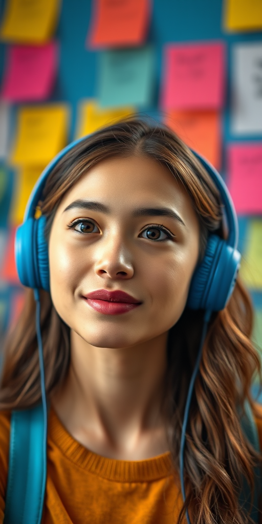 portrait of a young woman with blue headphones, vibrant colorful background with sticky notes, natural soft lighting, shallow depth of field, 50mm lens, f/1.8, ISO 200, captured with a Canon EOS R5