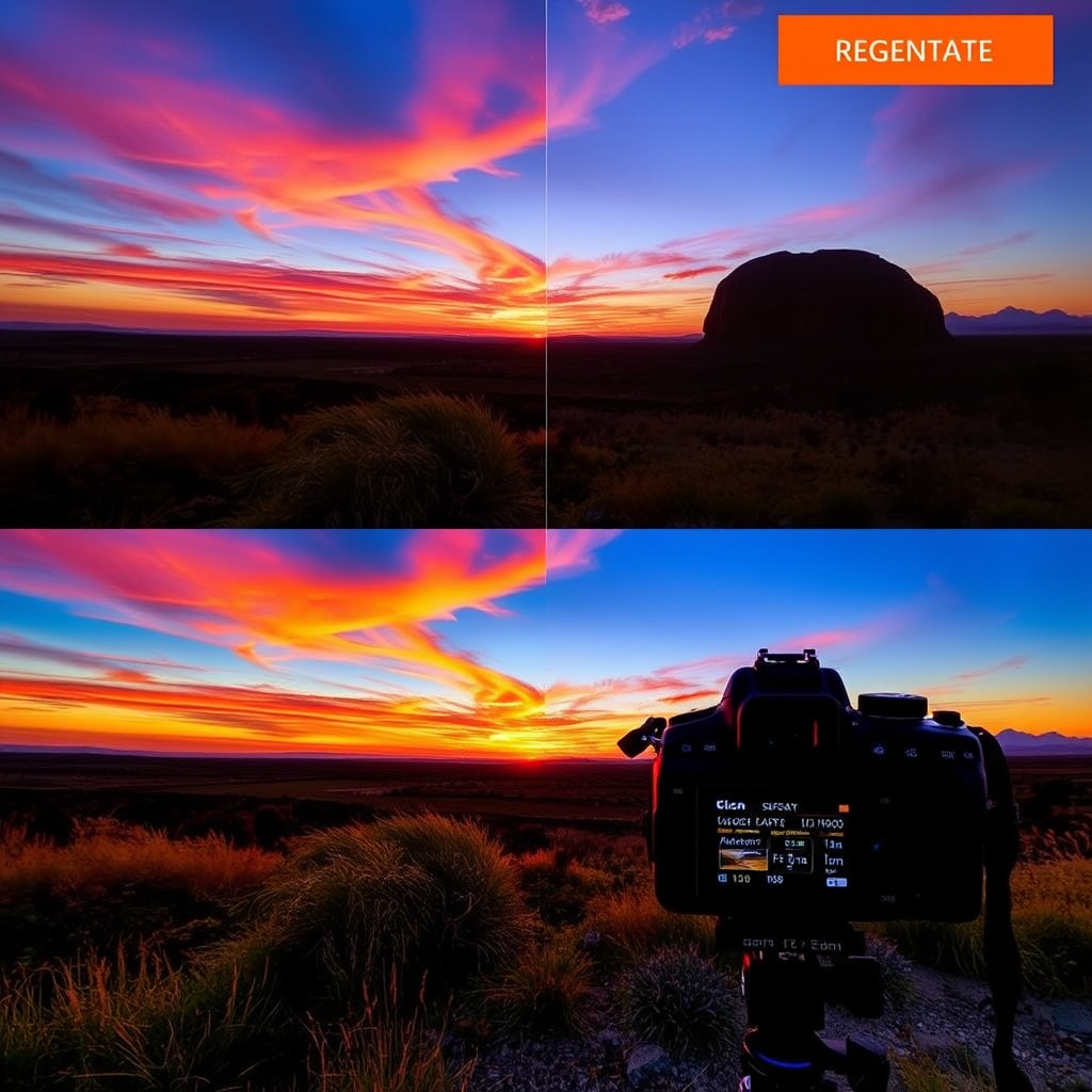 Regenerate the image with a DSLR camera, aperture set to f/2.8, ISO 100, shutter speed 1/125s, wide-angle lens, high dynamic range photography, capturing a vibrant sunset landscape.