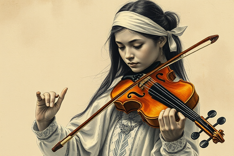 a young M'tis woman with a white headband playing a violin, in the style of a charcoal drawing, sepia grunge background