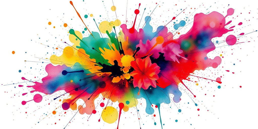 Watercolor splatter "Chromatic Explosion" tattoo concept featuring vibrant bursts of color blending and bleeding into each other with dynamic brush-like strokes and splatters for an expressive and artistic look