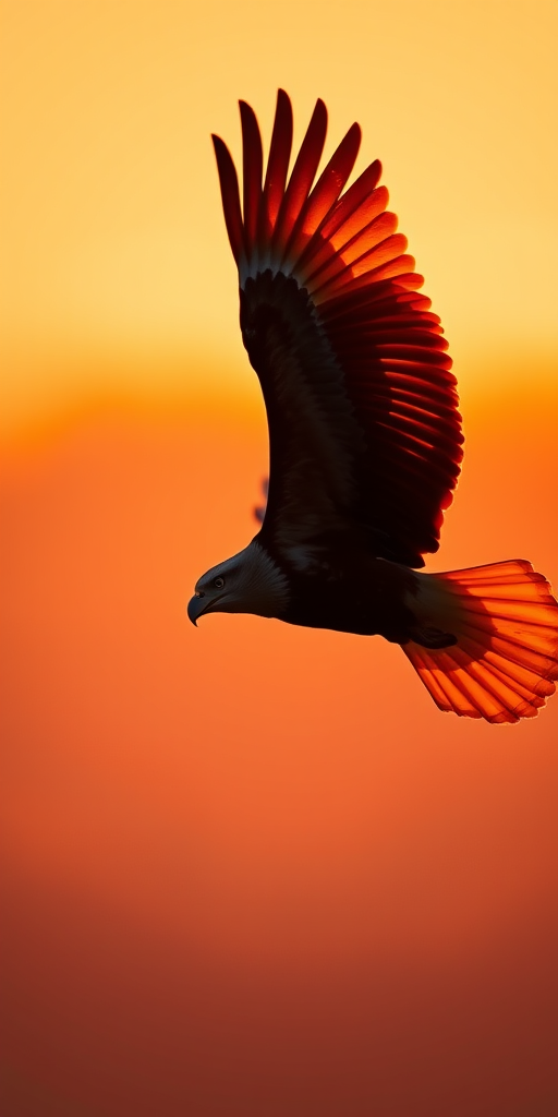 Regenerate an image of an eagle in flight with a vibrant orange silhouette against a contrasting background, shot with a Canon EOS R5, 85mm lens, f/2.8 aperture, ISO 100, at sunset with a shallow depth of field.