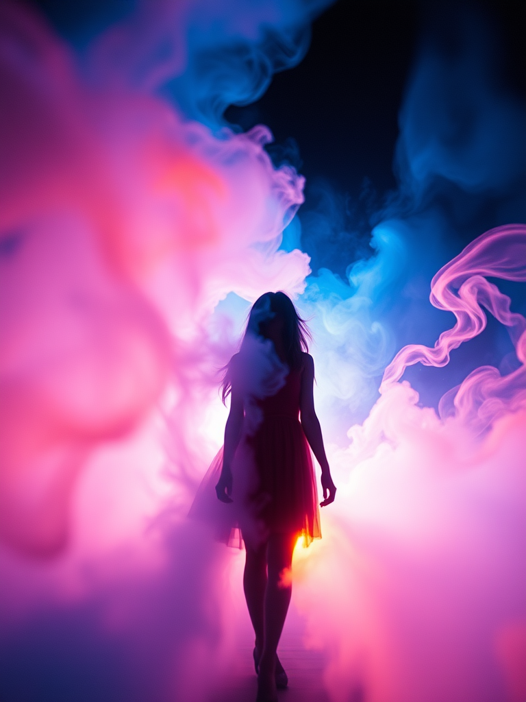 Create an ethereal scene featuring a silhouette of a woman surrounded by vibrant, swirling colors in shades of blue, orange, and pink, with a warm light source in the background, captured with a DSLR camera, aperture f/2.8, shutter speed 1/60s, ISO 100, using a wide-angle lens for an immersive perspective.