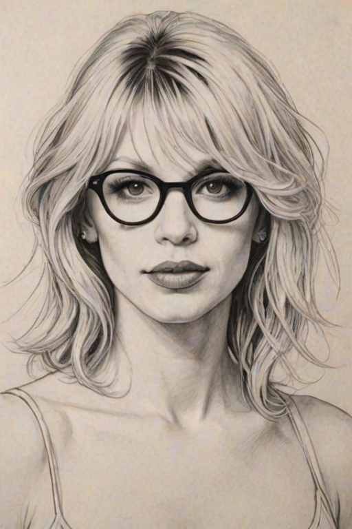 Charming Courtney Love, pencil sketch, portrait of Captivating woman 1962s in glasses, hair style beatnik, outline, clear lines, fine lines, 8k