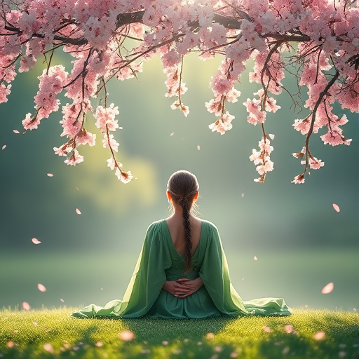 Create a mystical illustration of a serene figure in flowing green robes sitting beneath a blossoming tree, with gentle pink petals cascading down, using a Canon EOS R5, 85mm f/1.2 lens, shot in soft focus with natural light and a pastel color palette.