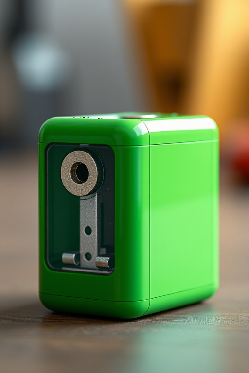 Create a high-resolution 3D render of a green pencil sharpener with detailed textures, using a DSLR camera, 50mm lens at f/1.8, ISO 100, soft lighting, and a blurred background for emphasis.