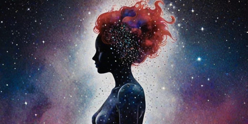 Captivating conceptual render alcohol ink art, double exposure, the paint strokes artfully merge combining a woman's full silhouette with a Radiant red panda's silhouette. The figures are composed of a series of colored dots, lines & spots that evoke the image of a cosmic galaxy, colors are deep shades of blue purple & black with flashes of white & silver representing distant stars. The woman's silhouette is formed within the lion's silhouette from constellations of scattered stars, surreal