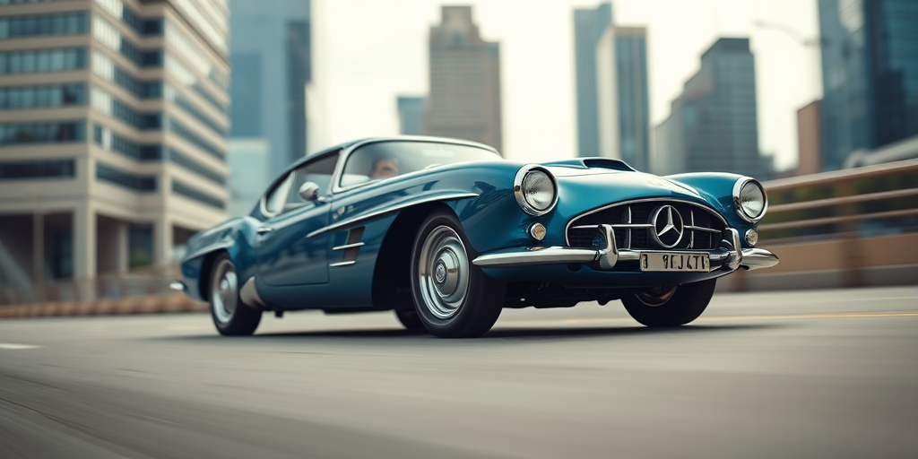 Regenerate a high-quality image of a sleek blue vintage car on a blurred road with skyscrapers in the background, using a DSLR camera with a 50mm lens, aperture f/1.8, shutter speed 1/200 sec, ISO 100, shot from a low angle to emphasize the car's design, with soft focus to enhance the dreamlike atmosphere.